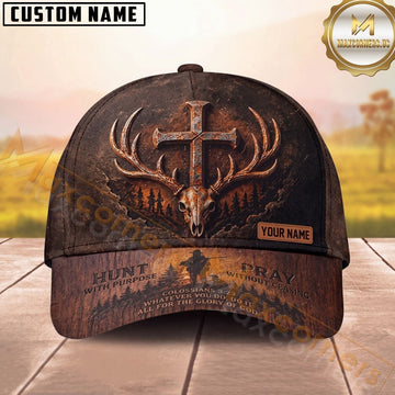 Maxcorners Christian Deer Hunting Cross Skull Rustic Brown Personalized Name Unisex 3D Cap