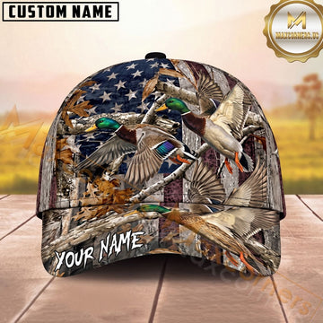 Maxcorners Duck Hunting Flying Mallards American Flag Camo Personalized Name Unisex 3D Cap