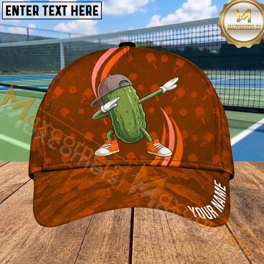 Maxcorners Pickleball Cap Dabbing Pickle Character Orange Sport Design Personalized Name 3D Cap