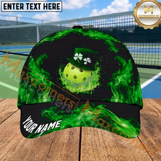 Maxcorners Pickleball Cap Purple Flame Lucky Shamrock Design Personalized Name 3D Cap