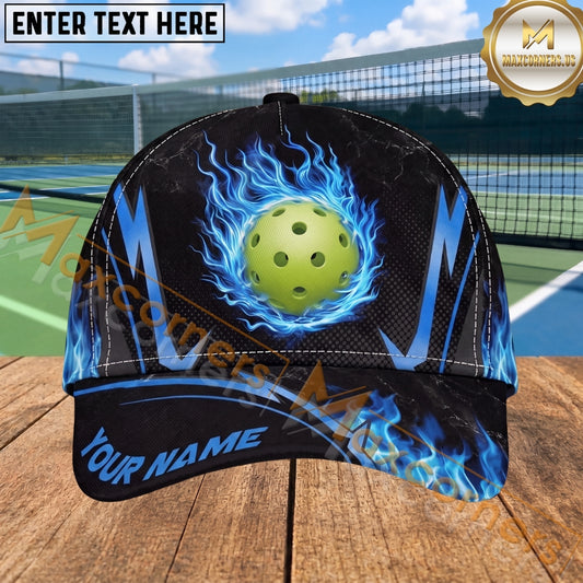 Maxcorners Pickleball Cap Flaming Ball Black Orange Design Multi Options Personalized Name 3D Cap