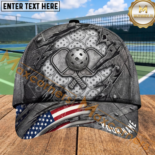 Maxcorners Pickleball Cap Metallic Paddles Ripped National Flag Design Multi Options Personalized Name 3D Cap