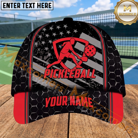 Maxcorners Pickleball Player Cap Black White Shield Graphic Design Personalized Name 3D Cap