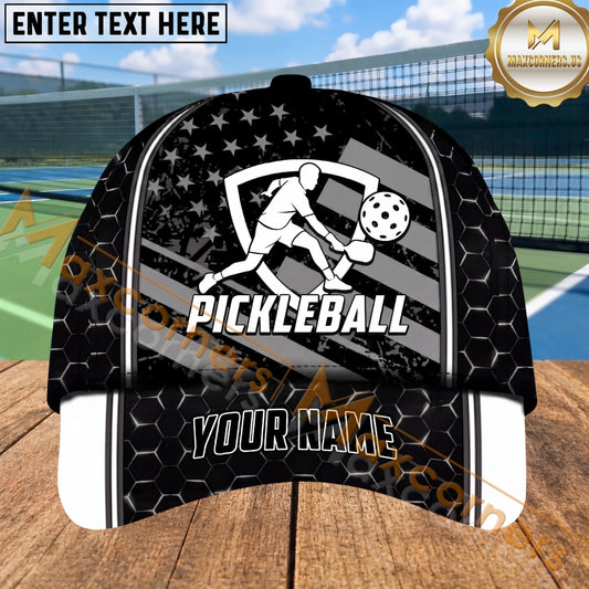 Maxcorners Pickleball Player Cap Black White Shield Graphic Design Personalized Name 3D Cap