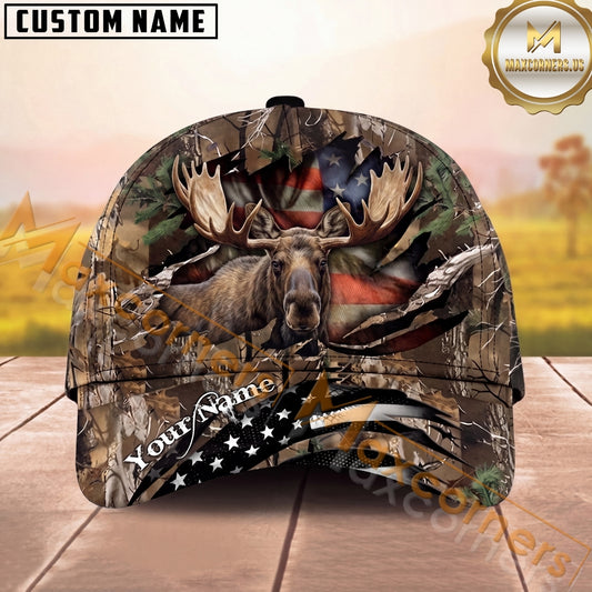 Maxcorners Hunting Cap Whitetail Buck Ripped American Flag Camo Design Multi Options Personalized Name 3D Cap