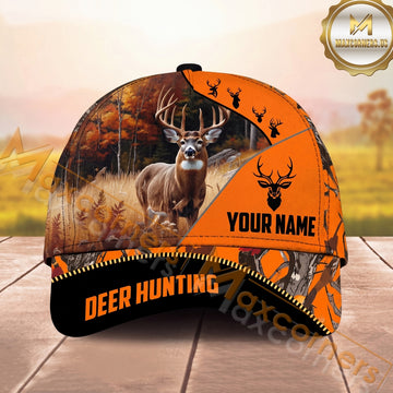 Maxcorners Hunting Cap Whitetail Buck Autumn Forest Orange Camo Design Multi Options Personalized Name 3D Cap