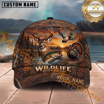 Maxcorners Wildlife Hunting Forest Animals Sunset Scene Multi Options Personalized Name 3D Cap
