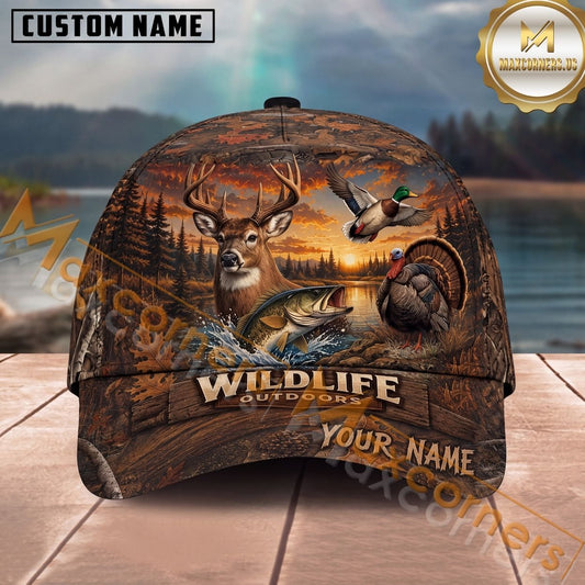 Maxcorners Wildlife Hunting Forest Animals Sunset Scene Multi Options Personalized Name 3D Cap (3 Colors)