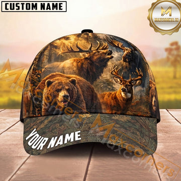 Maxcorners Wildlife Hunting Bear Elk Deer Forest Multi Options Personalized Name 3D Cap