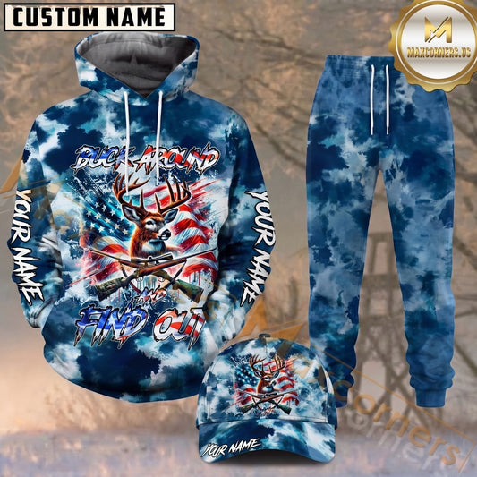 Maxcorners Hunting Buck Around American Flag Blue Tie Dye Pattern Personalized 3D Combo Hoodie, Sweatpants Set & Cap