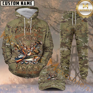 Maxcorners Hunting Fishing & Deer Outdoor Olive Green Camo Pattern Personalized 3D Combo Hoodie, Sweatpants Set & Cap
