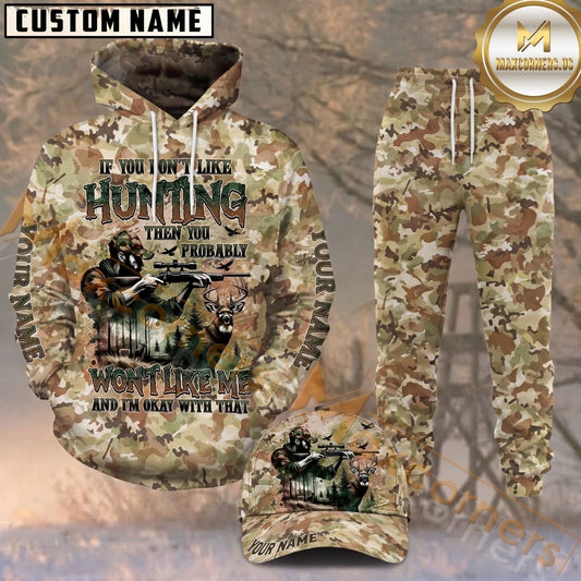 Maxcorners Hunting Deer Hunter Tan Woodland Camo Pattern Personalized 3D Combo Hoodie, Sweatpants Set & Cap