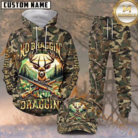 Maxcorners Hunting No Braggin Deer Hunter Green Woodland Camo Pattern Personalized 3D Combo Hoodie, Sweatpants Set & Cap