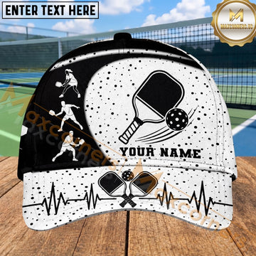 Maxcorners Pickleball Cap Player Silhouette Heartbeat Black White Design Personalized Name 3D Cap