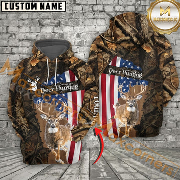 Maxcorners Hunting Hoodie American Flag Woodland Camo Design Personalized Name Unisex 3D Hoodie