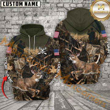 Maxcorners Hunting Hoodie American Flag Hunter Camo Design Personalized Name Unisex 3D Hoodie
