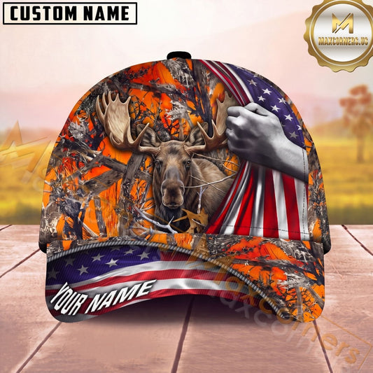 Maxcorners Hunting Cap American Flag Orange Woodland Camo Design Multi Options Personalized Name 3D Cap