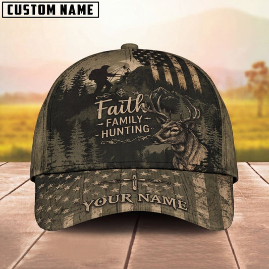 Maxcorners Hunting Cap Faith Family Hunting Vintage American Flag Design Personalized Name 3D Cap