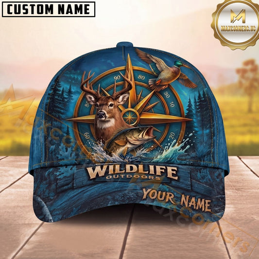 Maxcorners Wildlife Outdoors Hunting Fishing Compass Forest Design Multi Options Personalized Name 3D Cap