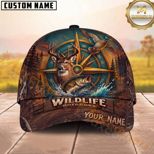 Maxcorners Wildlife Outdoors Hunting Fishing Compass Forest Design Multi Options Personalized Name 3D Cap