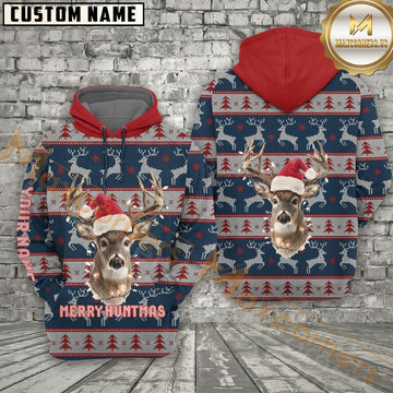 Maxcorners Hunting Christmas Hoodie Santa Hat Whitetail Holiday Sweater Design Personalized Name Unisex 3D Hoodie