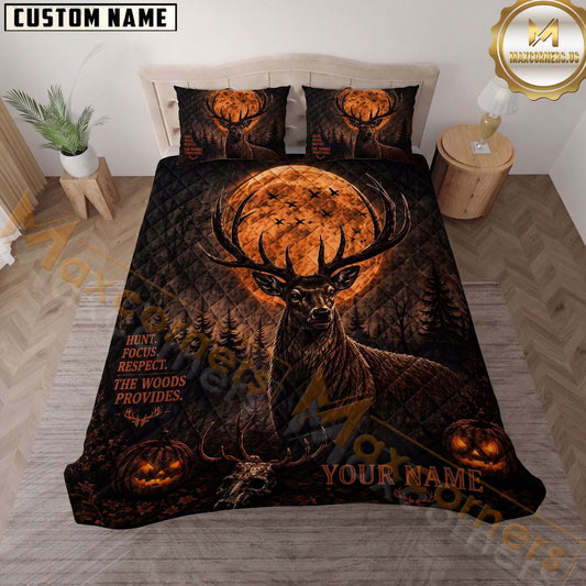 Maxcorners Buck Deer Full Moon Hunter The Woods Provides Halloween Night Forest Personalized Name 3D Bedding Set