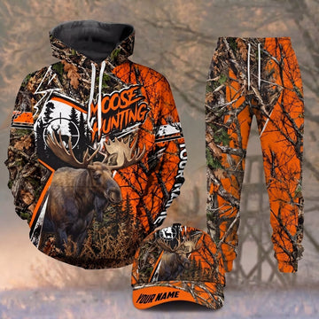 Maxcorners Moose Hunting Bull Moose Blaze Orange Camo Forest Personalized Name 3D Shirt