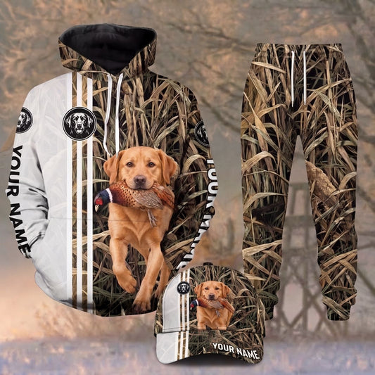 Maxcorners Hunting Dog Pheasant Hunting Marsh Grass Camo White Stripes Personalized Name 3D Shirt