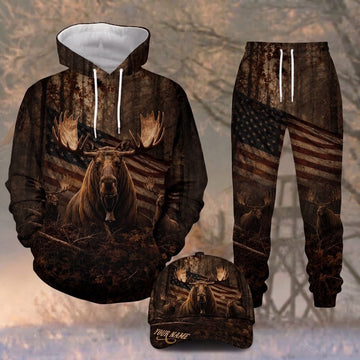 Maxcorners Moose Hunting Bull Moose American Flag Camo Deep Forest Personalized Name 3D Shirt