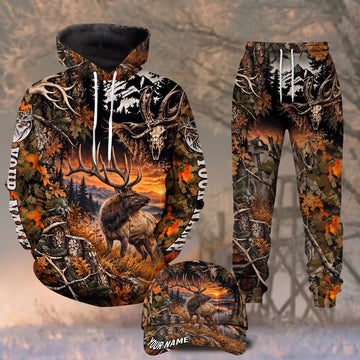 Maxcorners Elk Hunting Skull Antler Autumn Camo Sunset Mountain Personalized Name 3D Shirt