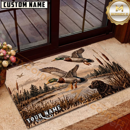 Maxcorners Duck Hunting Dog Black Retriever Flying Mallards Vintage Marsh Personalized Name Unisex 3D Doormat