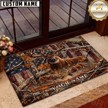 Maxcorners Deer Hunting Whitetail Buck American Flag Camo Autumn Forest Personalized Name Unisex 3D Doormat