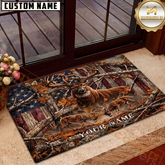 Maxcorners Deer Hunting Whitetail Buck American Flag Camo Autumn Forest Personalized Name Unisex 3D Doormat