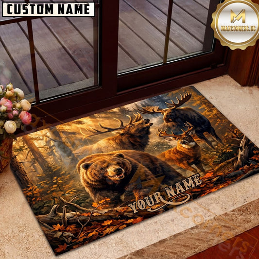 Maxcorners Wildlife Hunting Bear Moose Deer Autumn Forest Personalized Name Unisex 3D Doormat
