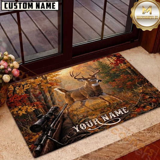Maxcorners Deer Hunting Whitetail Buck Rifle Autumn Forest Personalized Name Unisex 3D Doormat