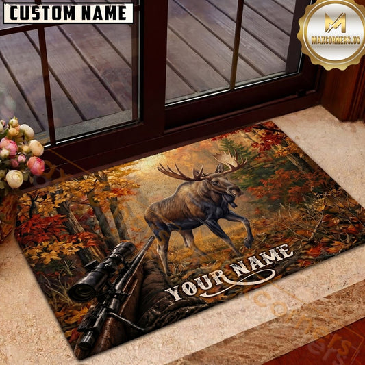 Maxcorners Deer Hunting Whitetail Buck Rifle Autumn Forest Personalized Name Unisex 3D Doormat