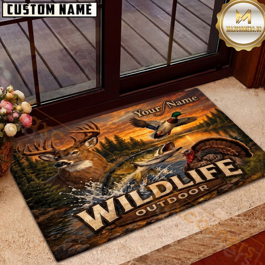 Maxcorners Hunting Fishing Wildlife Deer Bass Duck Turkey Sunset Lake Personalized Name Unisex 3D Doormat