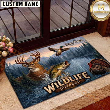 Maxcorners Hunting Fishing Wildlife Deer Bass Duck Turkey Mountain Lake Personalized Name Unisex 3D Doormat