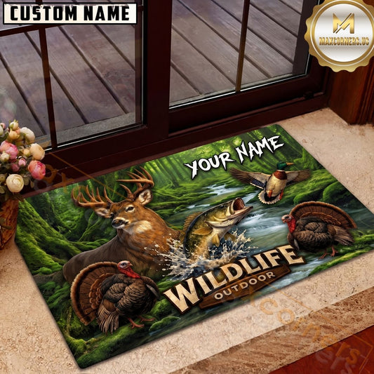 Maxcorners Hunting Fishing Wildlife Deer Bass Duck Turkey Forest Stream Personalized Name Unisex 3D Doormat