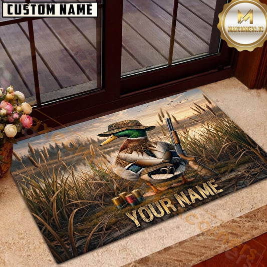 Maxcorners Duck Hunting Mallard Hunter Shotgun Marsh Personalized Name Unisex 3D Doormat