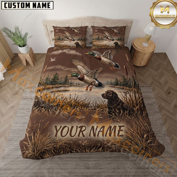 Maxcorners Waterfowl Hunting Dog Flying Mallard Ducks Wetland Marsh Personalized Name 3D Bedding Set