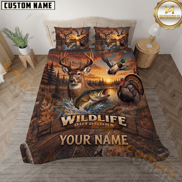 Maxcorners Wildlife Outdoors Deer Bass Mallard Duck Turkey Rustic Wood Personalized Name 3D Bedding Set
