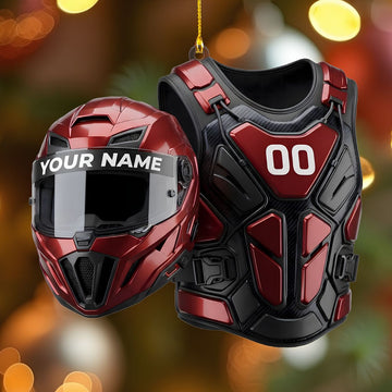 Maxcorners Motocross Helmet Chest Protector Armor Metallic Red Custom Name Gift 2D Flat Acrylic Ornament, Keychain