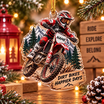 Maxcorners Dirt Bike Rider Forest Happier Days Mountain Custom Name Gift 2D Flat Acrylic Ornament, Keychain