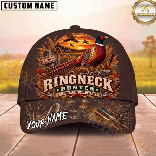 Maxcorners Ringneck Hunter Autumn Flush Wild & Free Pheasant Sunset Personalized Name Unisex 3D Cap