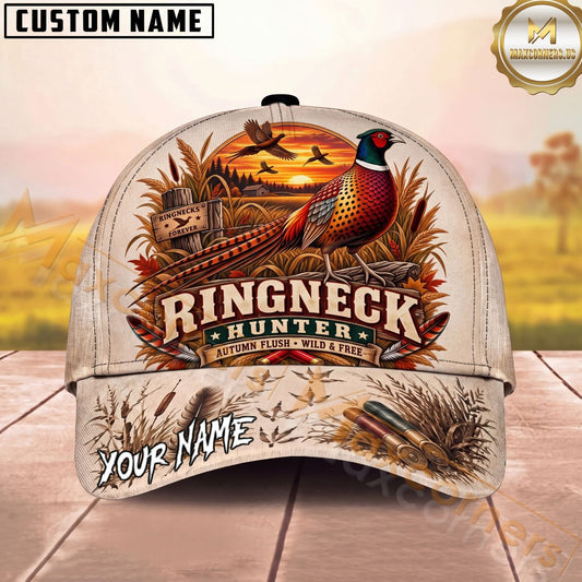 Maxcorners Ringneck Hunter Autumn Flush Wild & Free Pheasant Sunset Personalized Name Unisex 3D Cap