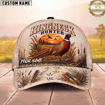 Maxcorners Ringneck Hunter Wild Pheasant Wheat Field Sunset Personalized Name Unisex 3D Cap