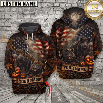 Maxcorners Wild Boar Hunting American Flag Halloween Personalized Name Unisex 3D Hoodie