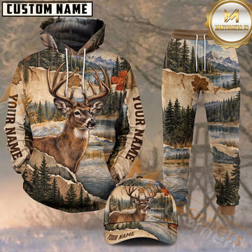 Maxcorners Whitetail Buck Deer Torn Paper Mountain Lake Pine Trees Personalized Name Unisex 3D Shirt