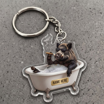 Maxcorners Wild Boar In Bathtub Sunglasses Smoking Cigar Custom Name Gift 2D Flat Arcrylic Ornament, Keychain